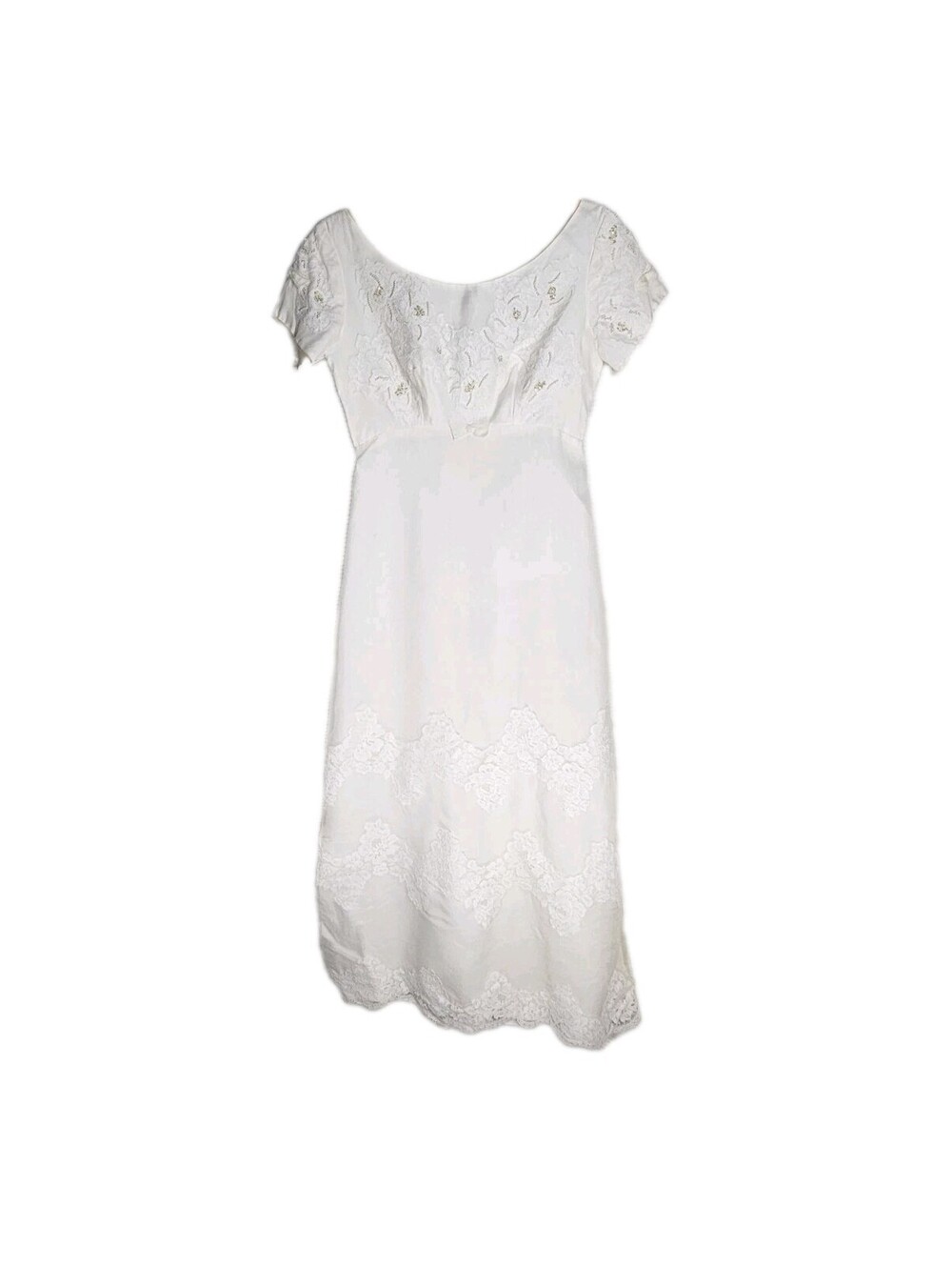 Vintage 1960s Wedding Dress Maxi Lace Crystal Beaded Low Neck Empire Waist S M